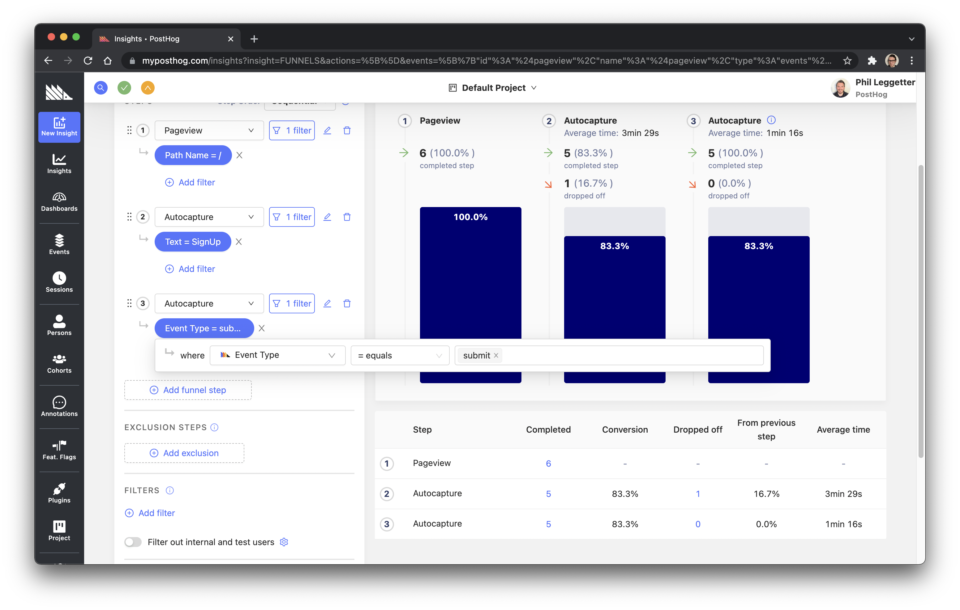 Step 3 - filter on Event Type of submit